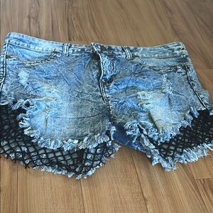 Thrill Blue Distressed Jean Shorts with Black Fishnet